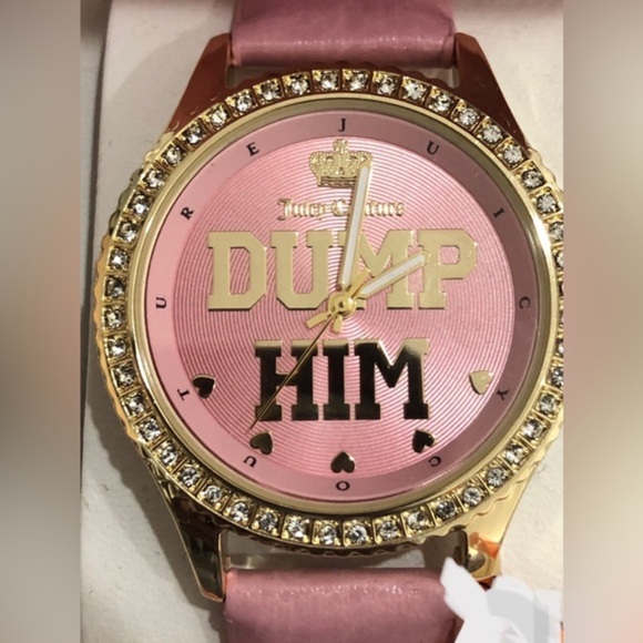 Juicy couture pink gold cz pave crystal bezel ‘Dump Him’ monogram wristwatch new main image 15